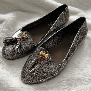Truffle Gray and Silver Glitter Jelly Tassel Loafers Flats Size EU 38